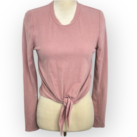 WAYF Women's Pink Tie Front Crew Neck Blouse Size S Long Sleeve Casual Ribbed - Picture 1 of 11